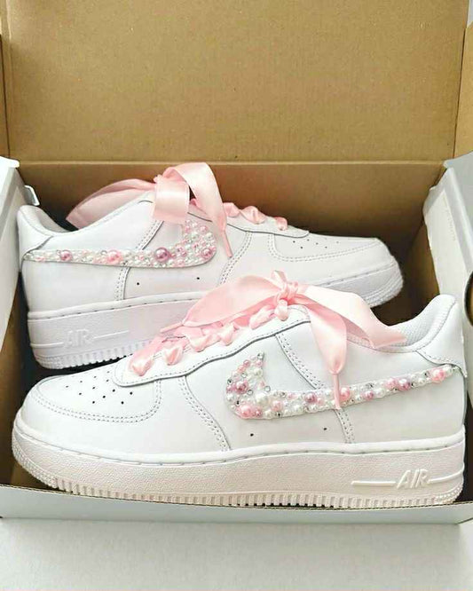 Nike Air Force 1 Weiß-Pink Stone-Bow Custom